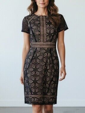 Lilly Pulitzer Suzanne Black Lace Overlay Shift dress With Blush Underlay 4